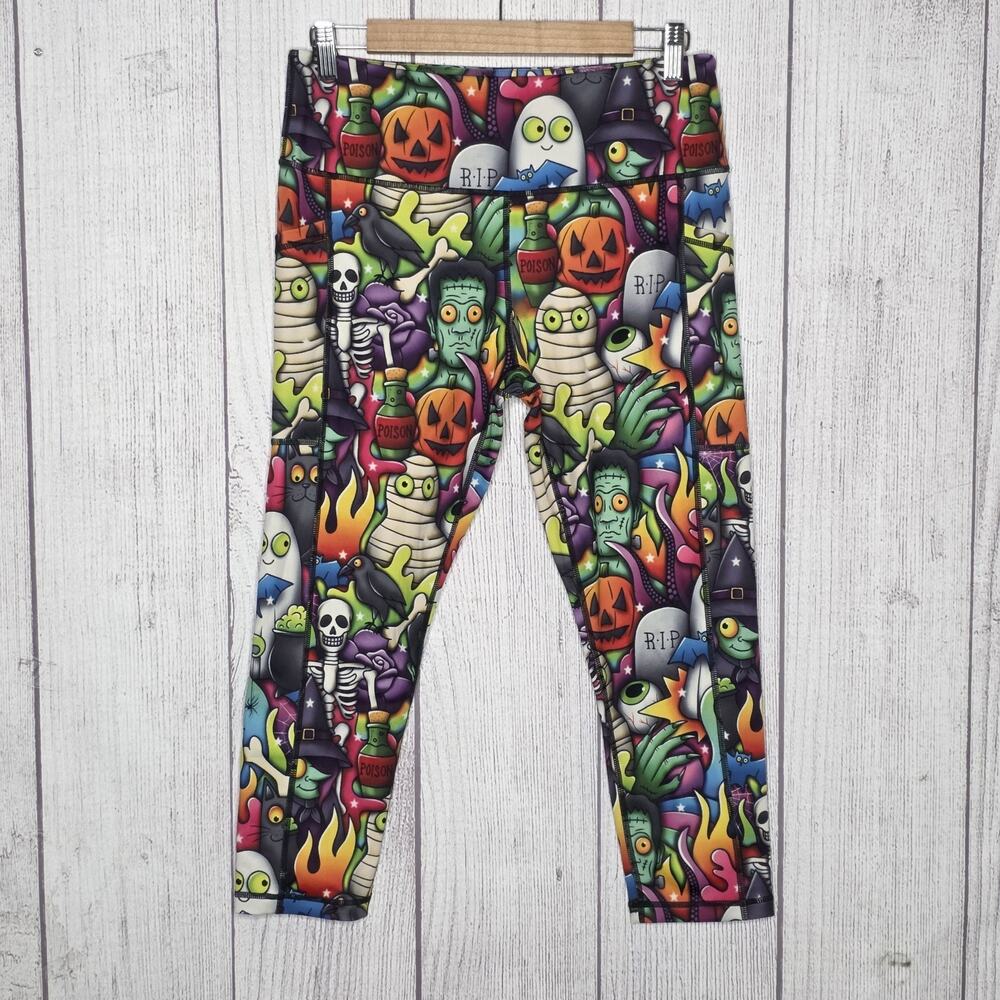 CVG Monster Mash Halloween Capri Leggings Frankenstein Pumpkin Skeleton - Large